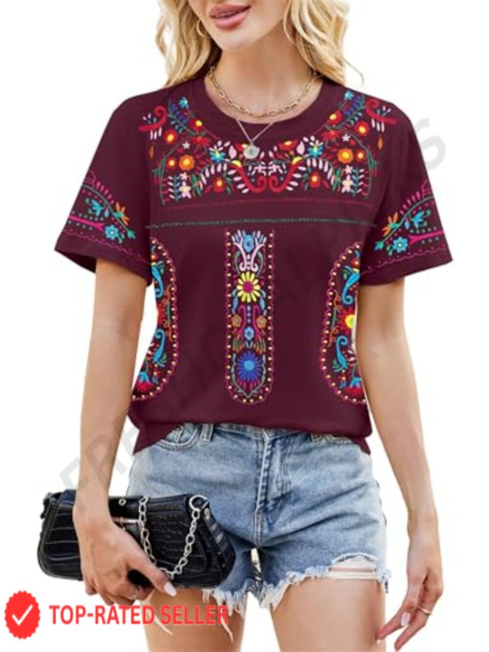 Mexican Embroidered Peasant Blouse Cotton Blend Short Sleeve Fiesta Top